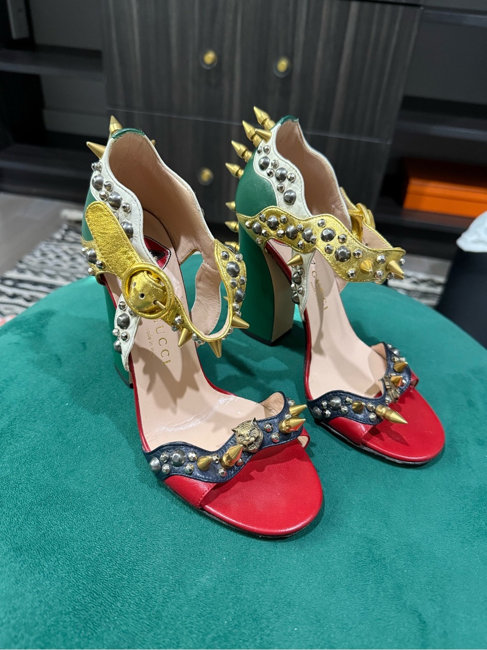 Gucci Red, Green & Gold Spiked Stud Sandals